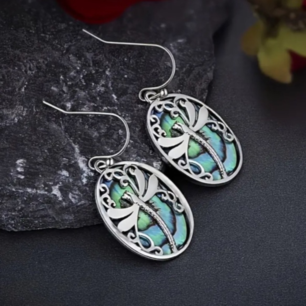 NWT Beautiful Faux Abalone Shell with Silver Tone Dragonfly Oval Earrings!